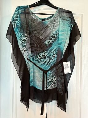 Sheer Black & Turquoise Animal Print Tie-Waist Top